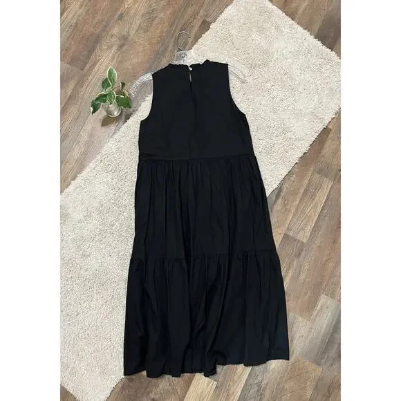 J.crew Size 0 Black Ruffled Neckline Tiered Sleeveless Keyhole Poplin Midi Dress - Picture 4 of 6